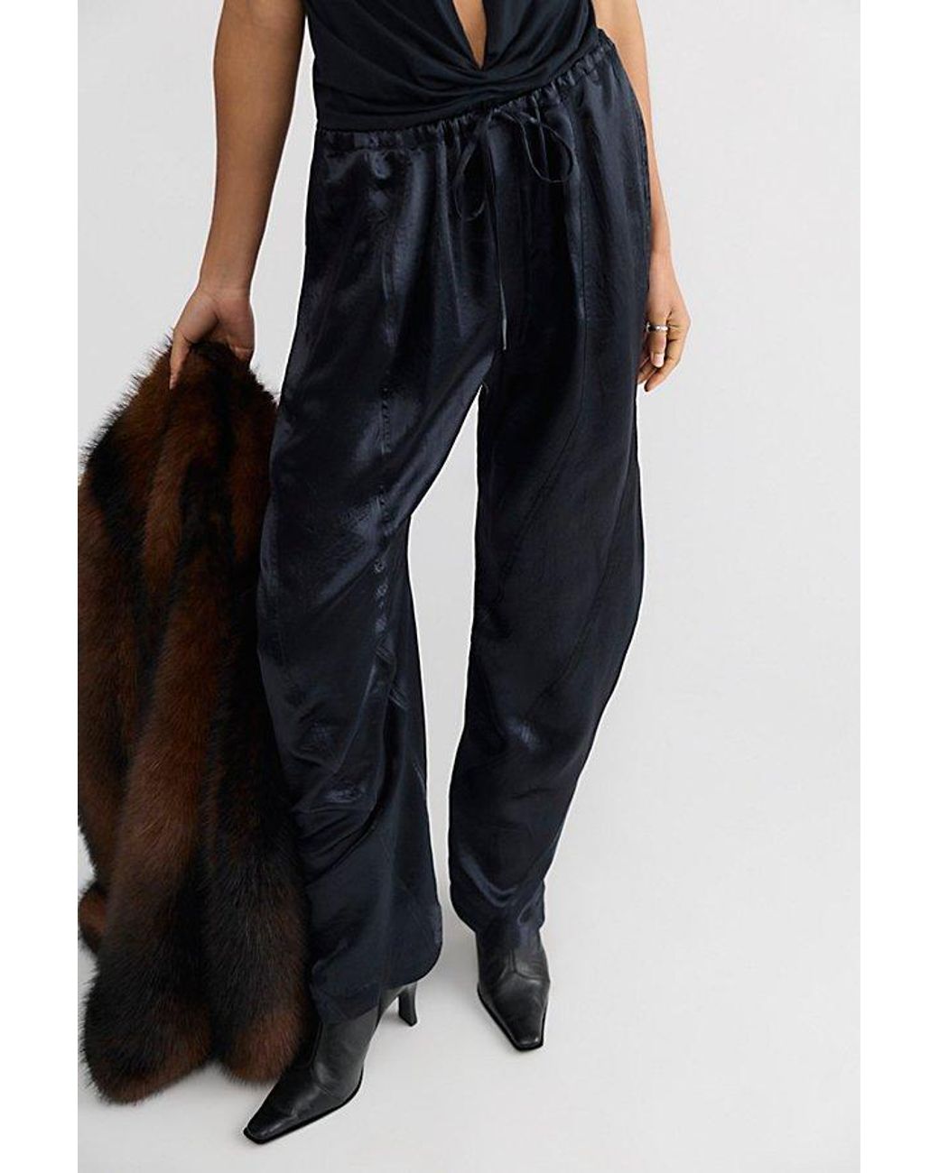 Free People Black Crowd Pleaser Twisted Satin Pull-On Pants