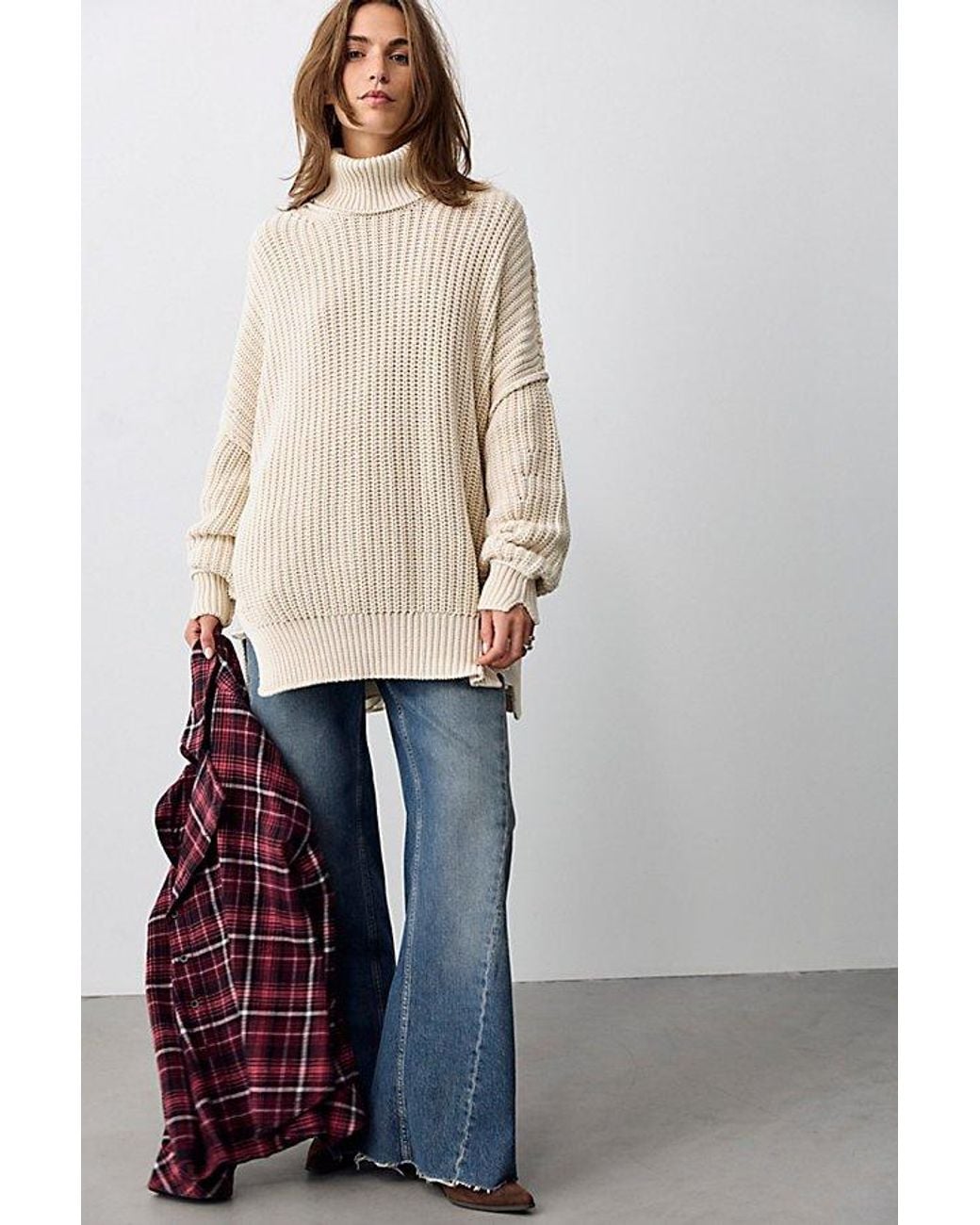 Free People White Worn Thru Turtleneck Sweater