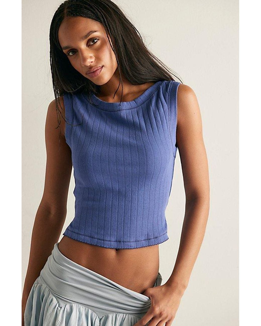 Intimately By Free People Blue End Game Pointelle Muscle Tank Top By