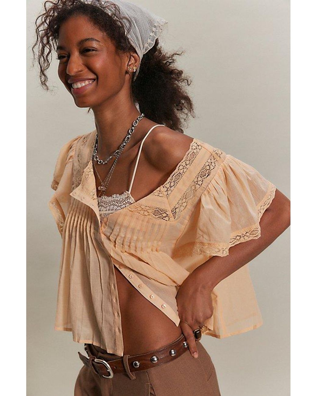 Free People Brown Monica Square Neck Button Down Top