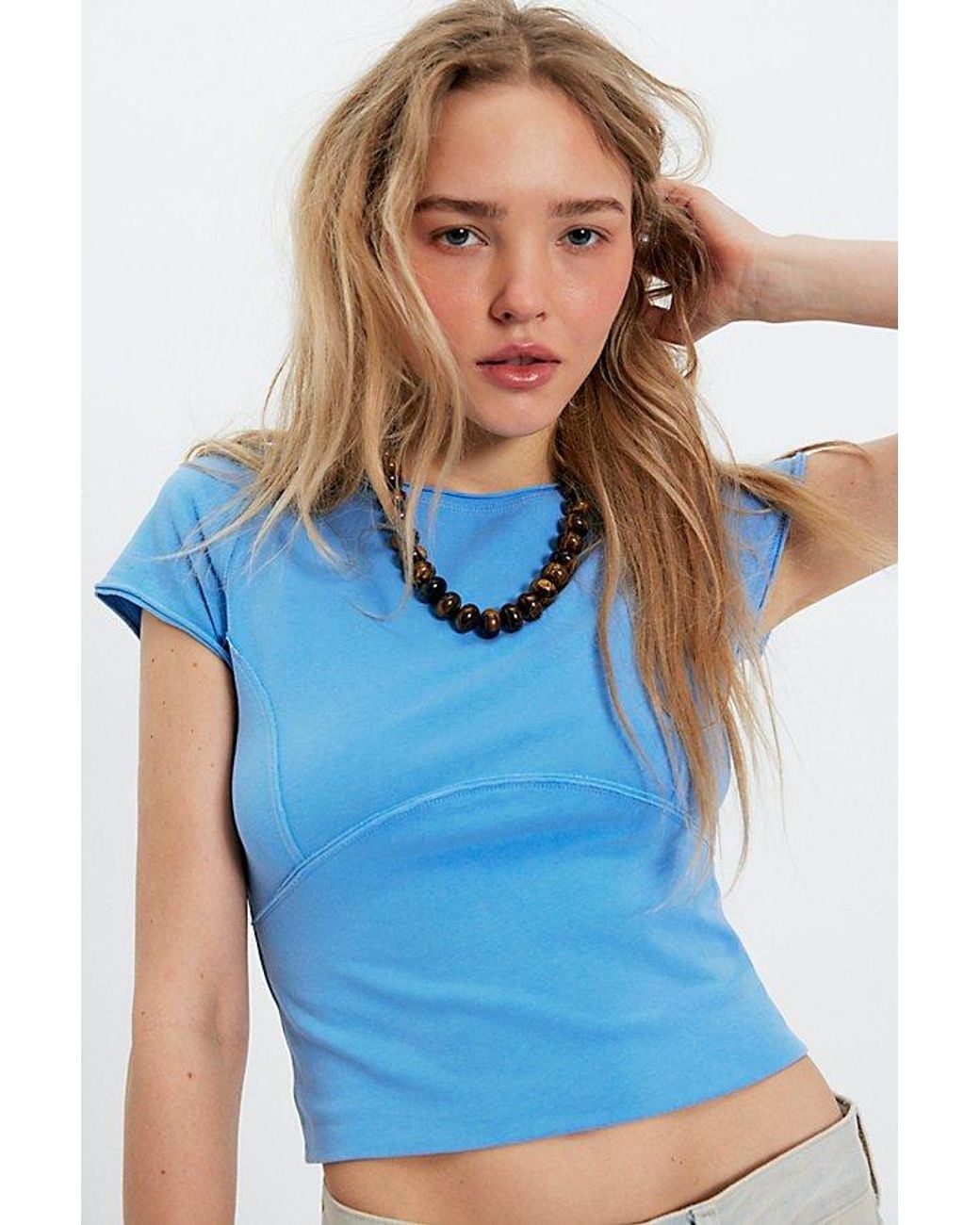 Free People Blue Protagonist Cropped Cap Sleeve Tee