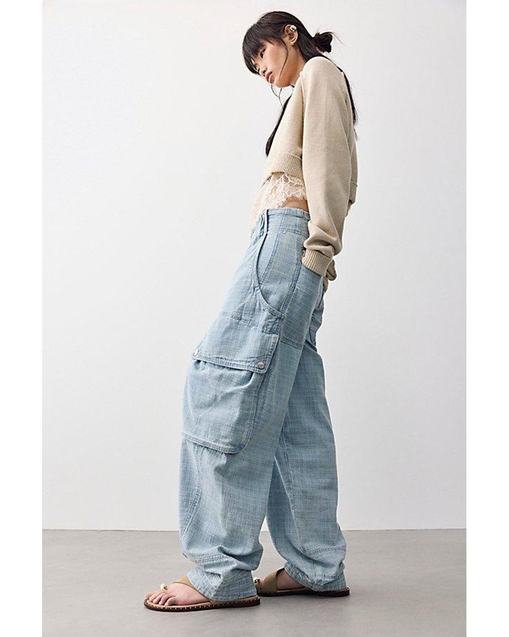 Free People Blue Brentwood Textured Cargo Jeans