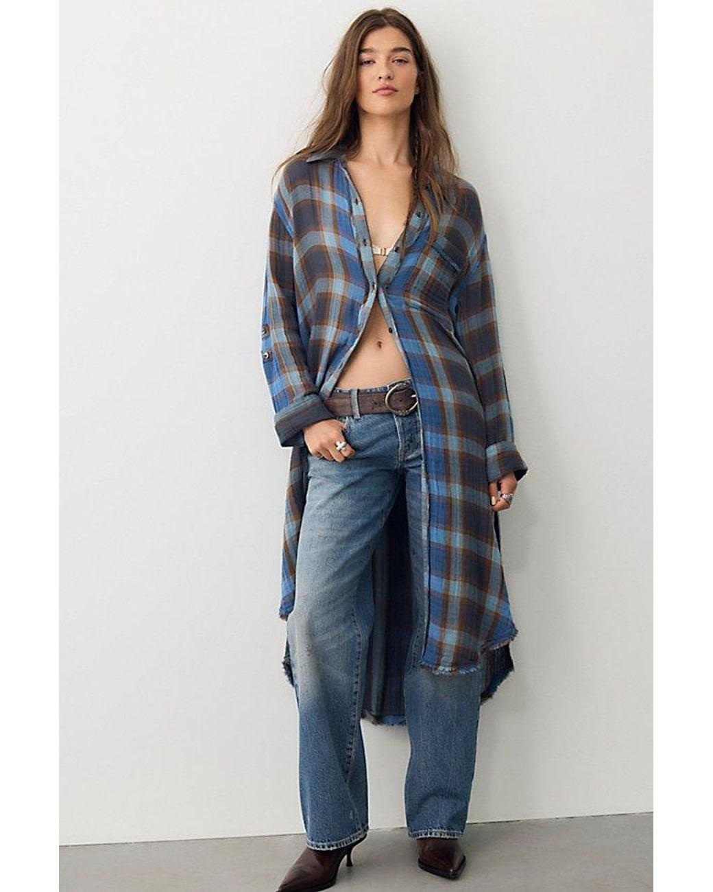 Free People Blue Layer Up Maxi Button Down Top