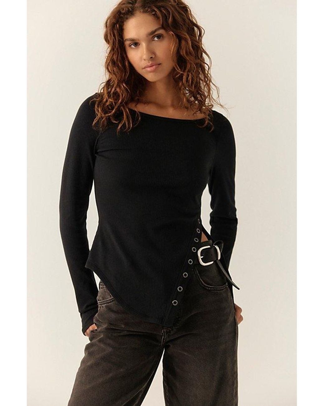Free People Gray Over You Asymmetric Long Sleeve Top