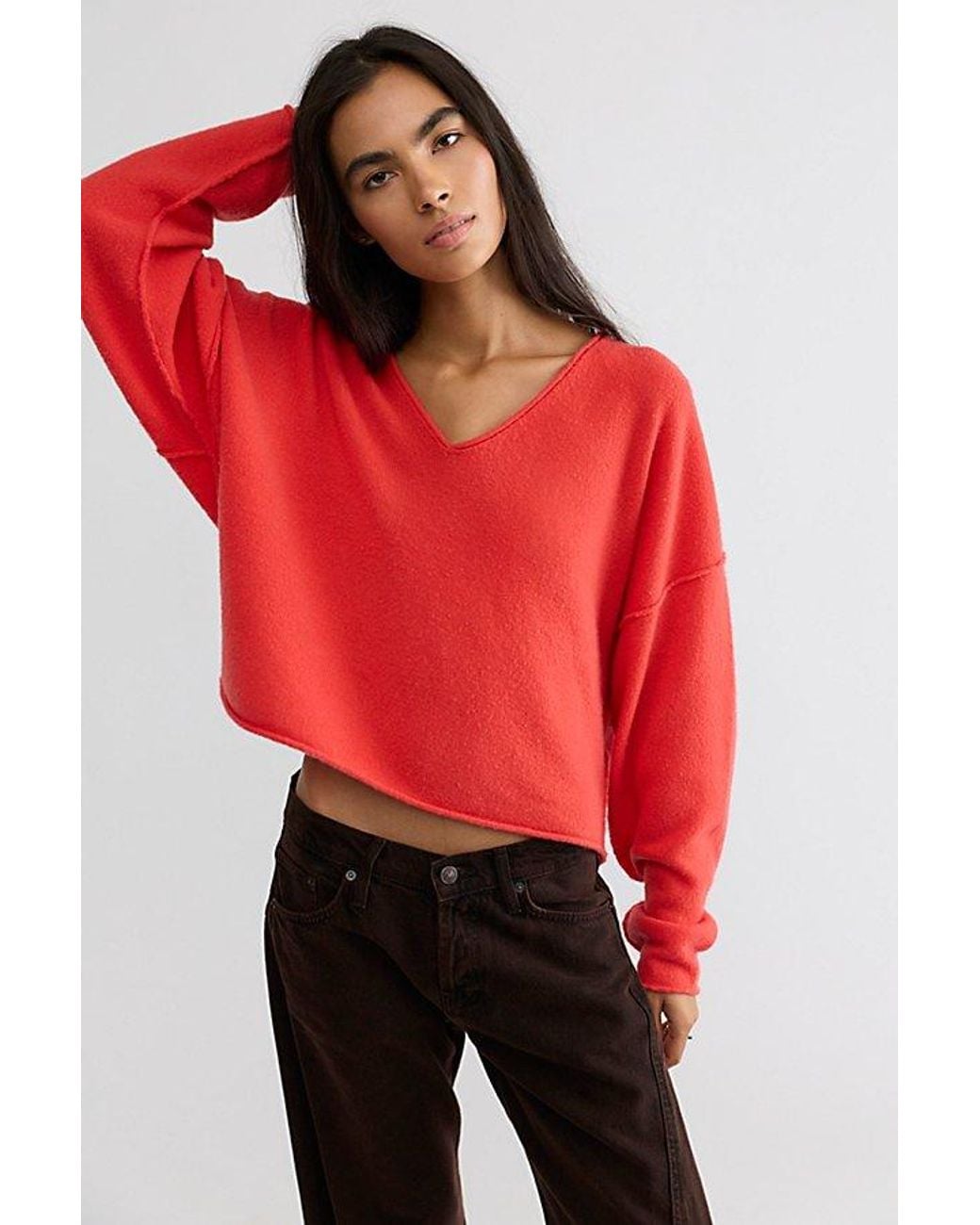 Free People Red See Me V-Neck Knit Pullover