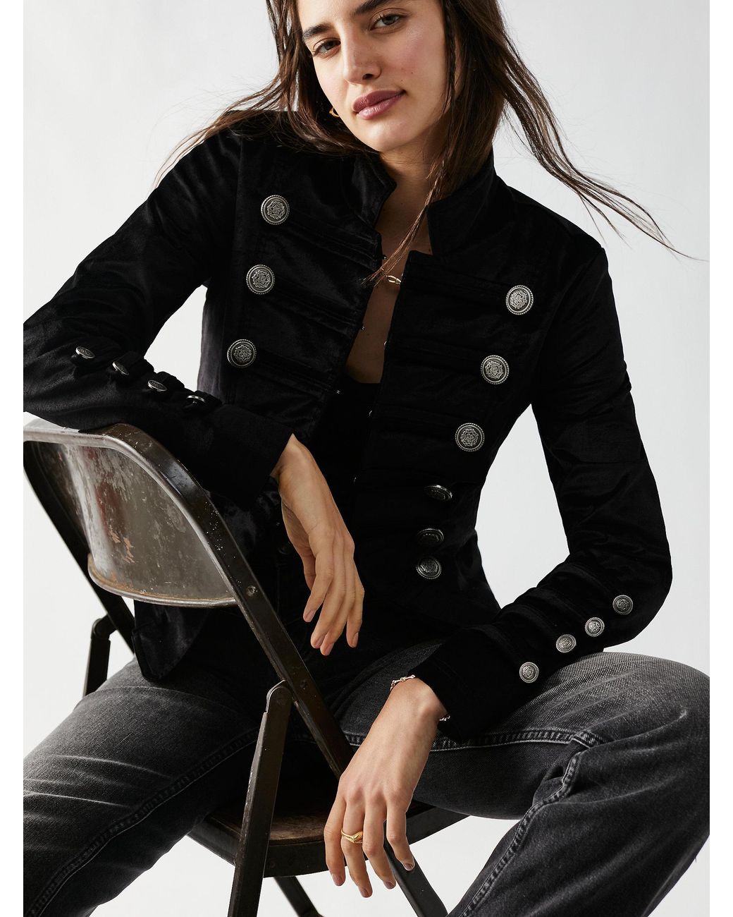 Free People Velvet Military Jacket in Black Lyst