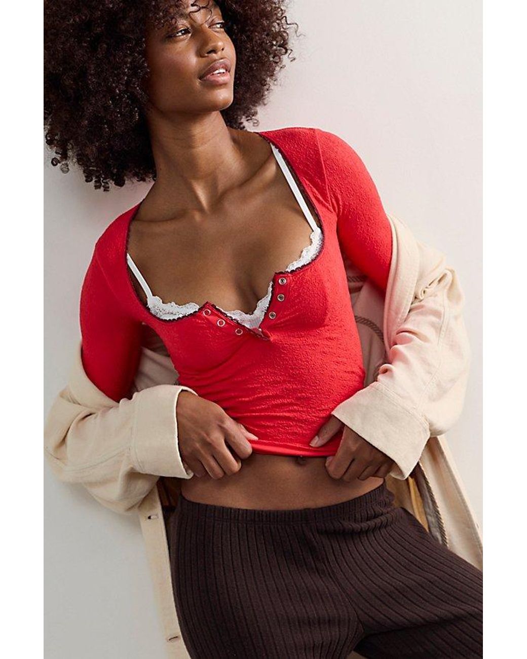 Intimately By Free People Red Sweet Point Seamless Long Sleeve Henley By