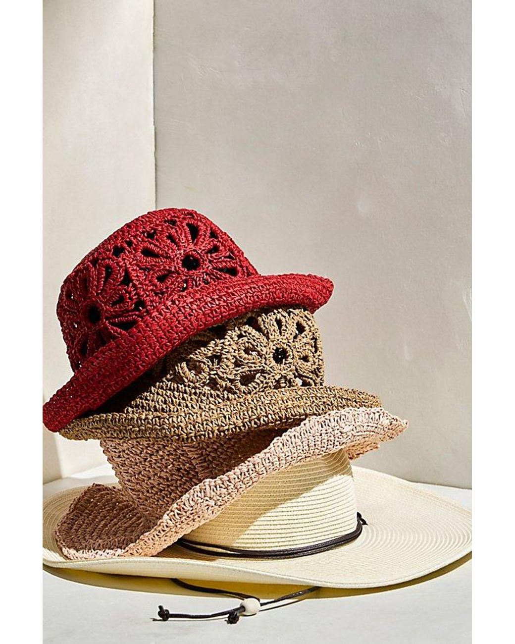 Free People Red Cut-Out Daisy Crochet Straw Bucket Hat