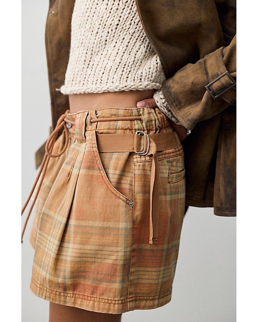 Free People Brown We The Free Julien Plaid Chino Shorts