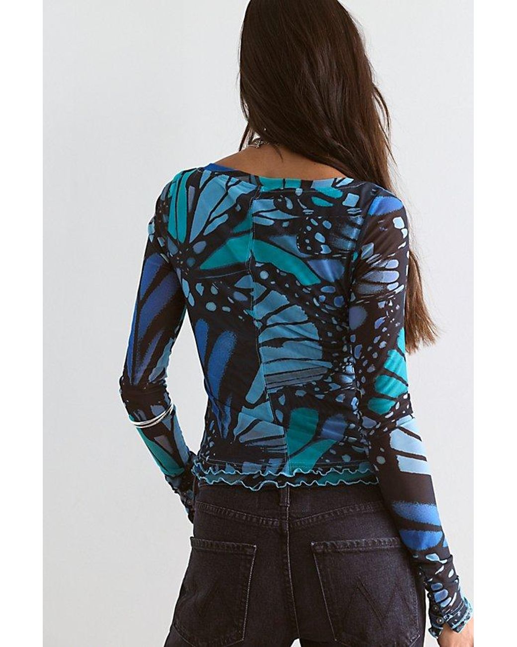 Free People Blue Lilly Printed Boat Neck Long Sleeve Top