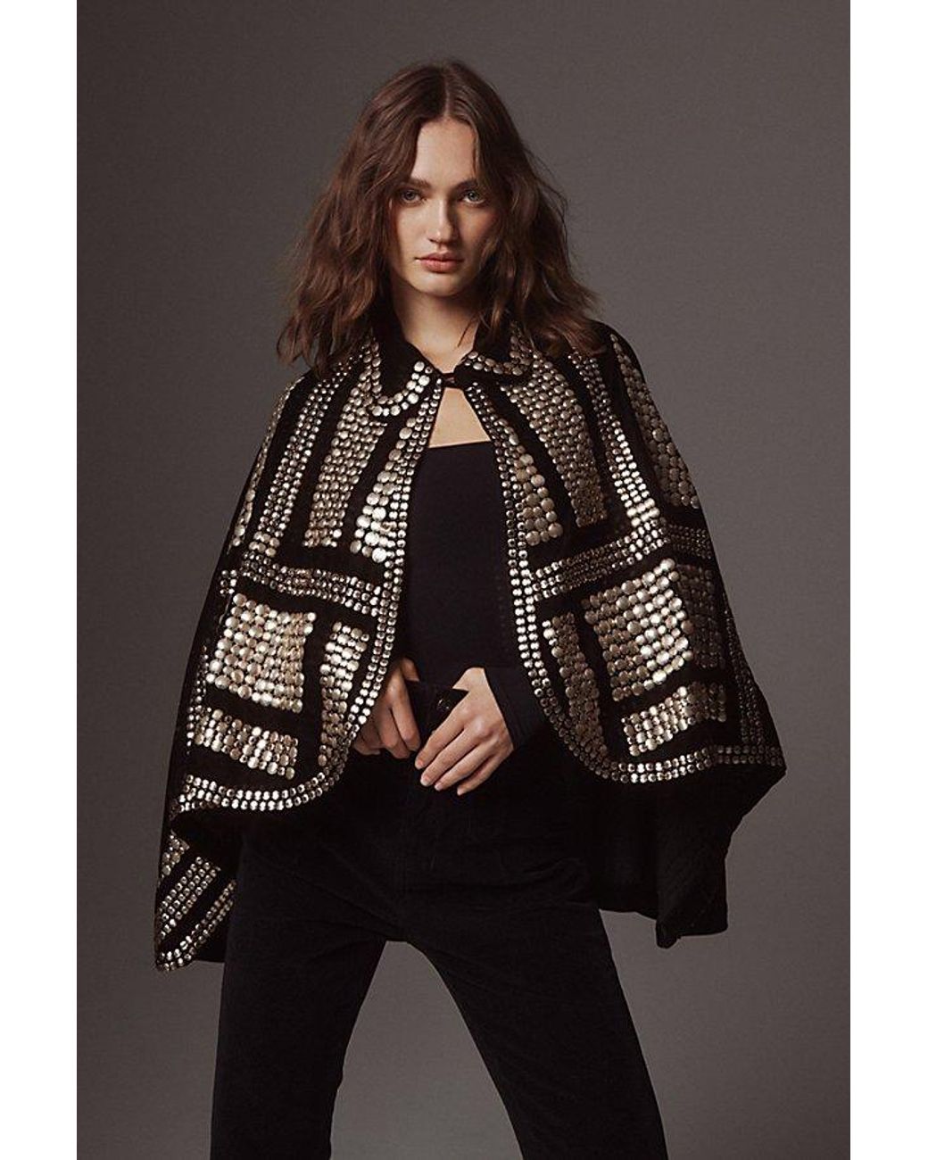Free People Black Rock Star Embellished Velvet Cape Top
