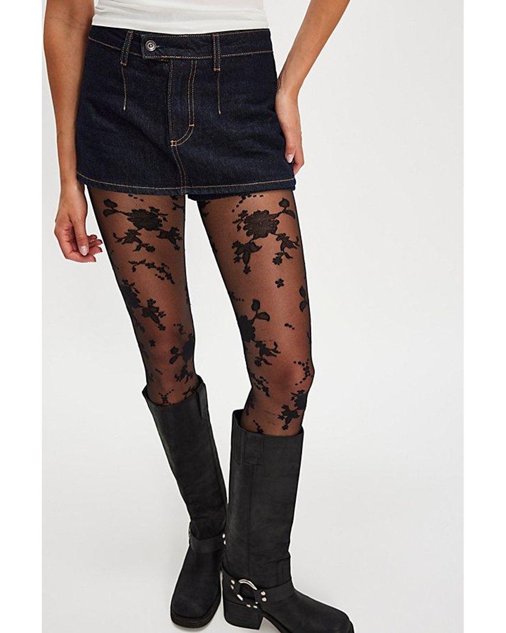 Free People Blue Flocked Floral Tights