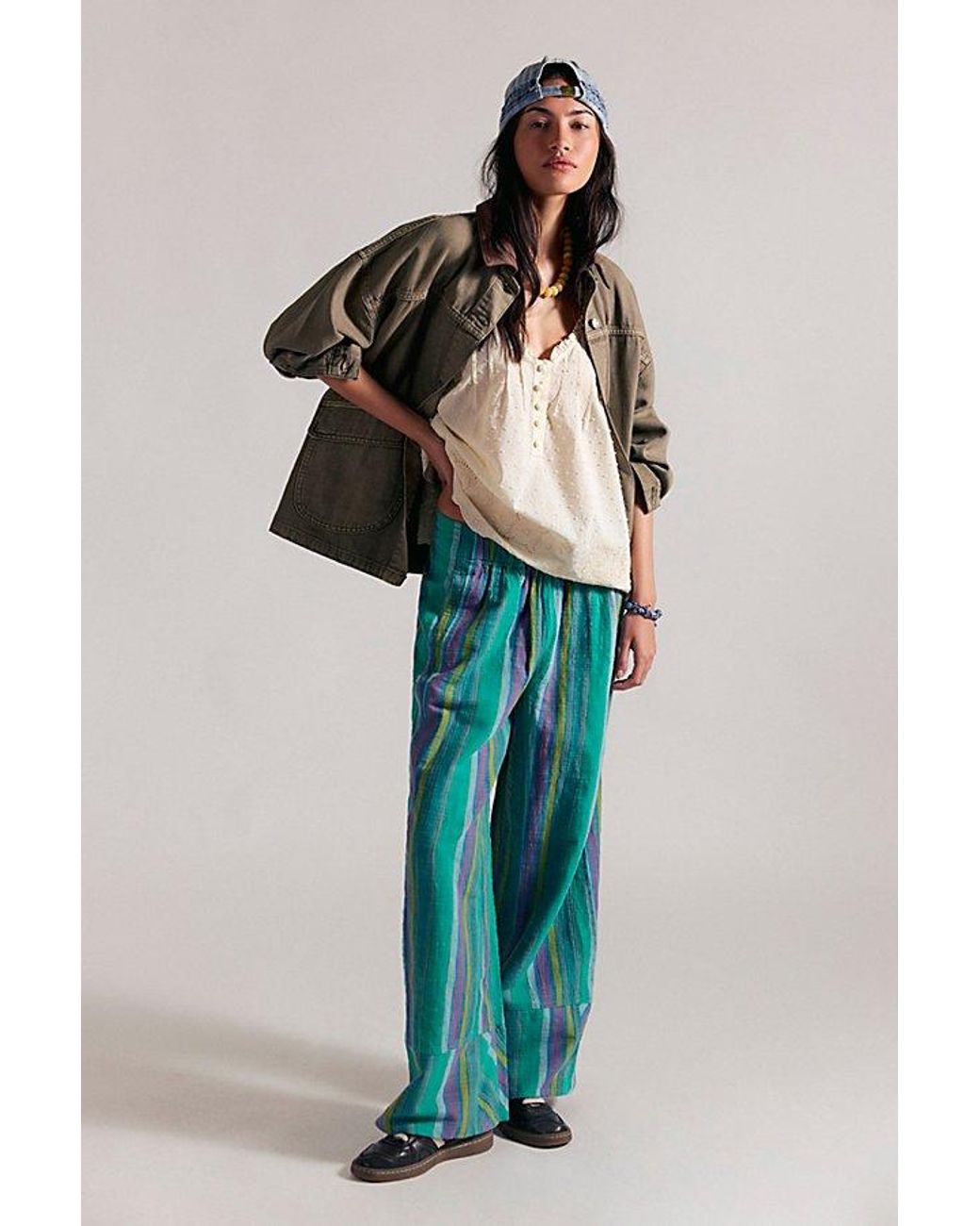Free People Blue Day's End Linen Striped Pull-On Pants
