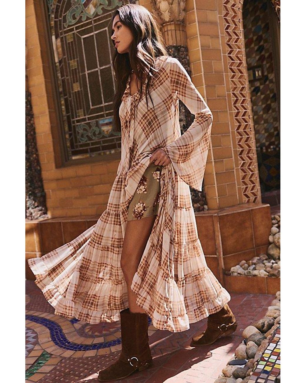 Free People Brown Plaid Petal Maxi Dress