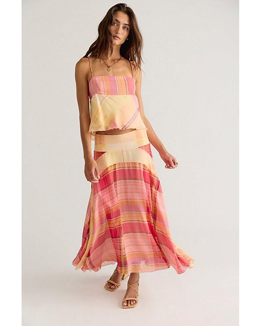 Free People Red Breezy Plaid Midi Skirt Set