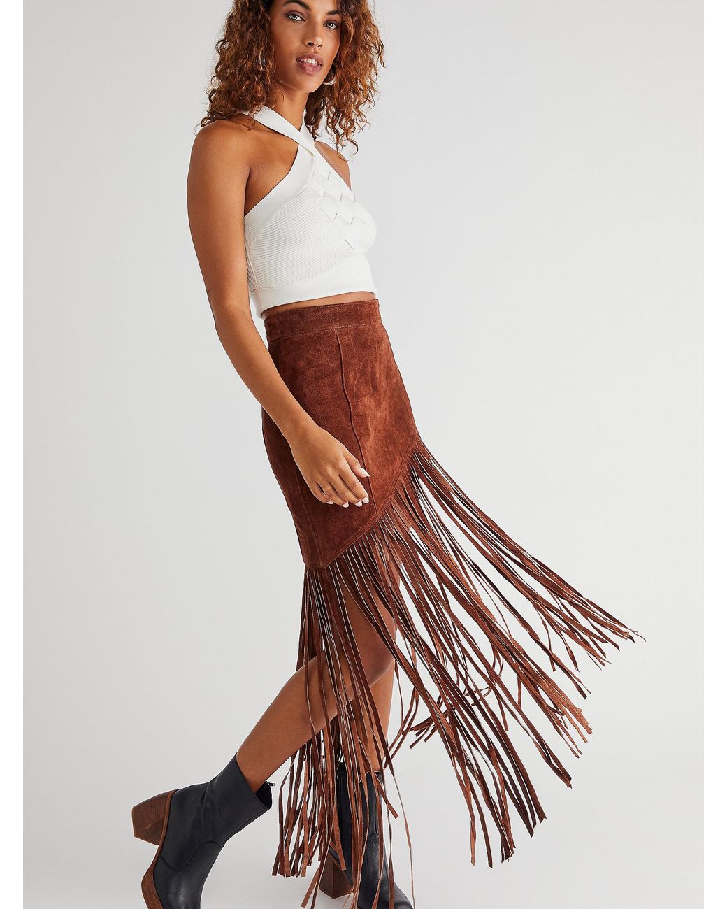Free People Understated Leather Western Fringe Skirt in Brown  Lyst