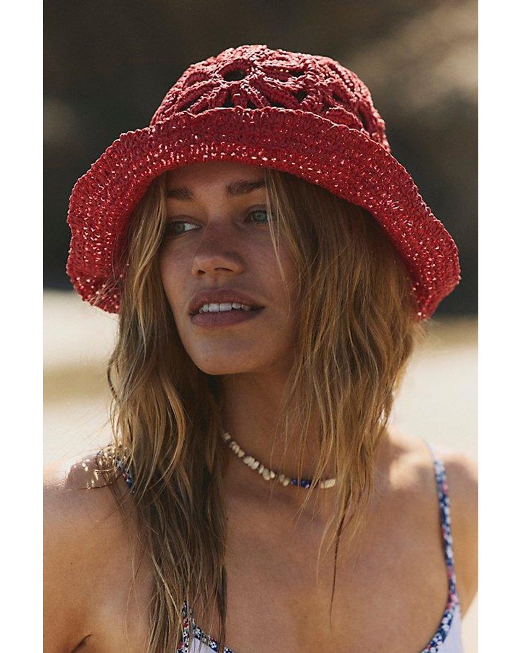 Free People Red Cut-Out Daisy Crochet Straw Bucket Hat