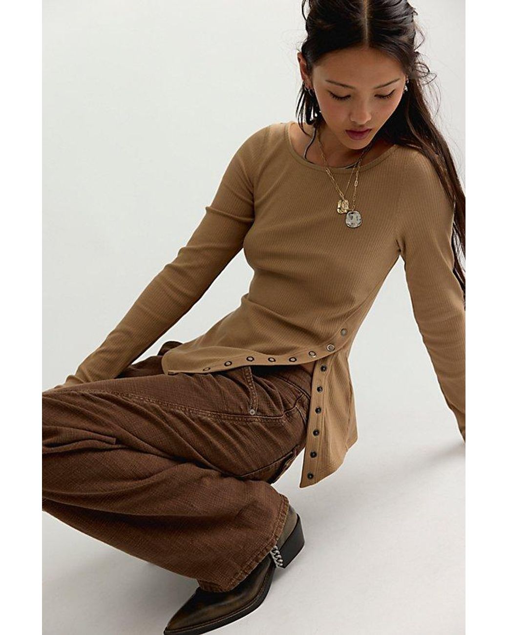 Free People Brown Over You Asymmetric Long Sleeve Top