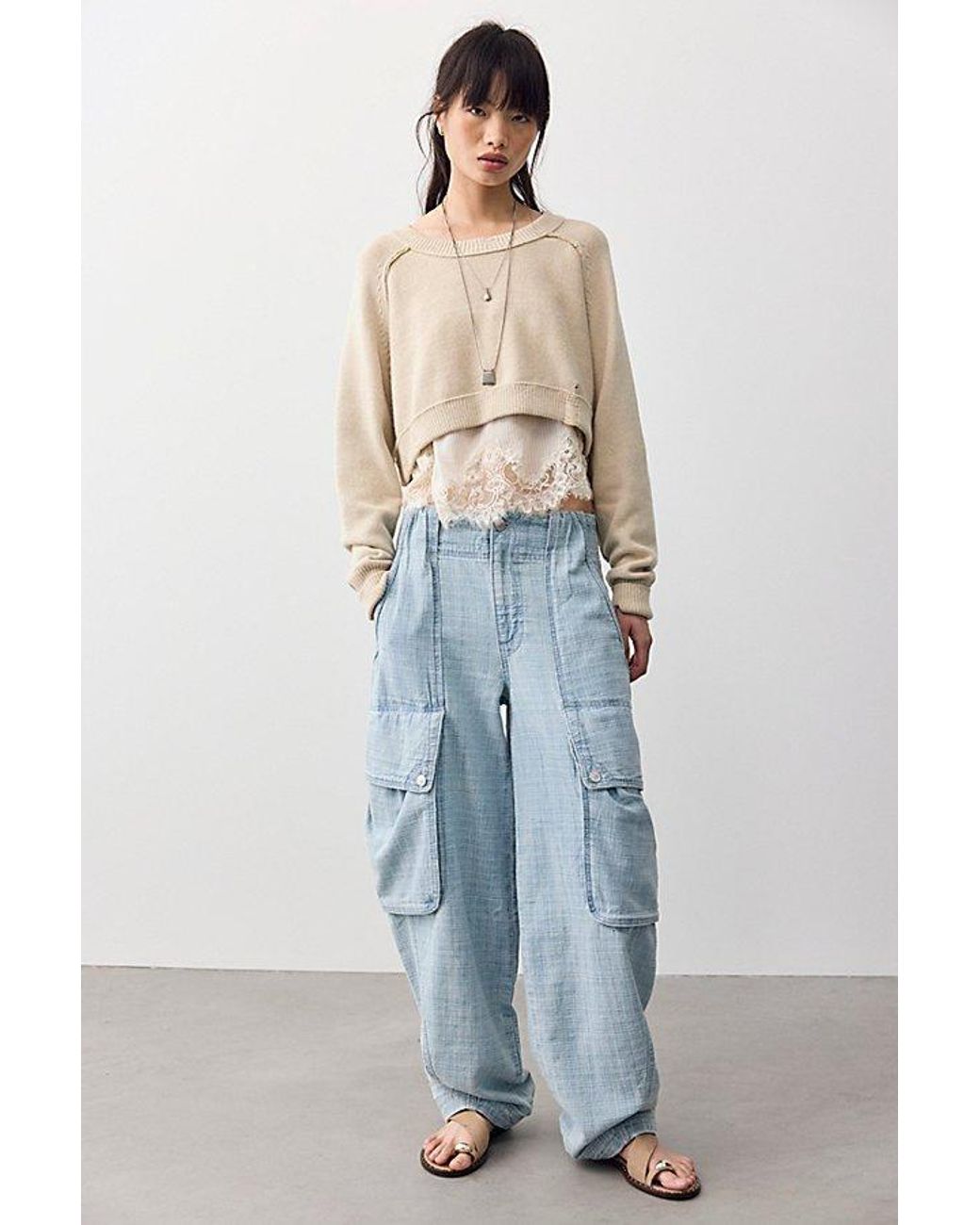 Free People Blue Brentwood Textured Cargo Jeans