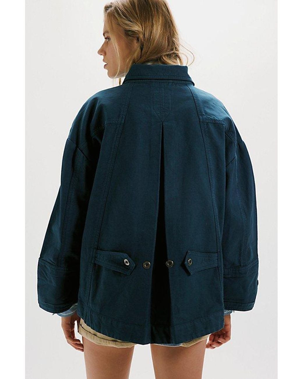 Free People Blue Collins Washed Canvas Funnel-Neck Jacket