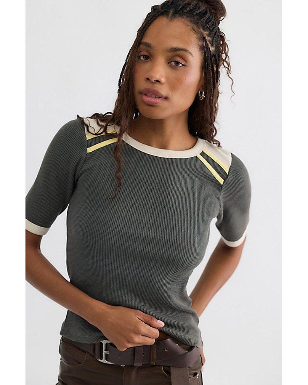 Free People Gray Stargazer Colorblock Three-Quarter Sleeve Tee