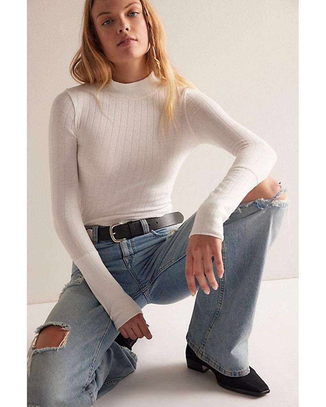 Intimately By Free People Brown End Game Pointelle Mock Neck Long Sleeve By