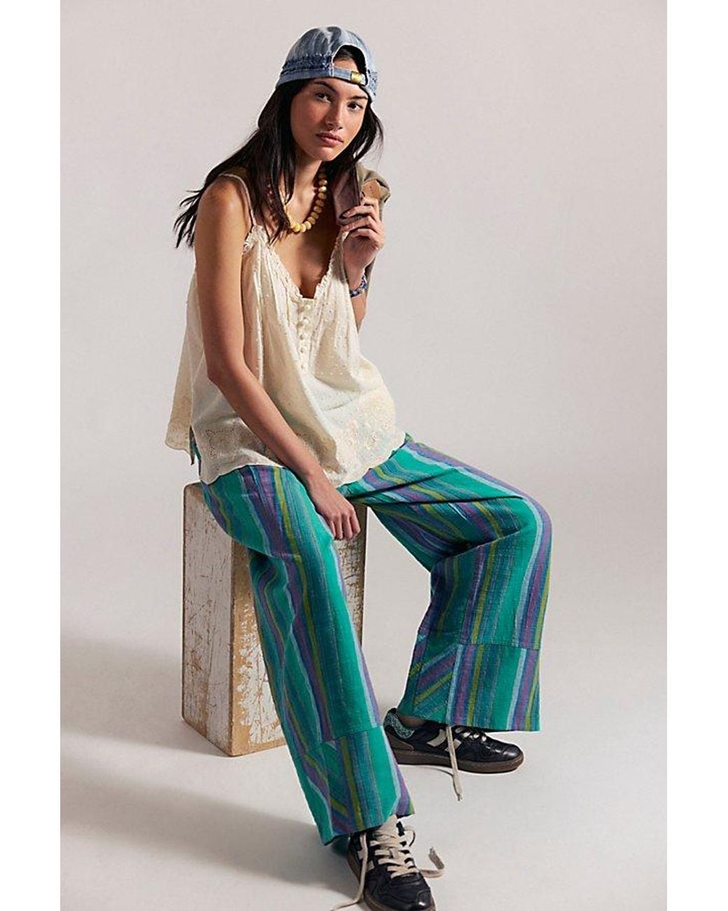 Free People Blue Day's End Linen Striped Pull-On Pants