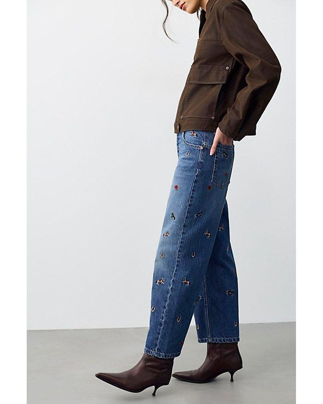 Free People Blue Deep Trance Embroidered Dropped Boyfriend Jeans