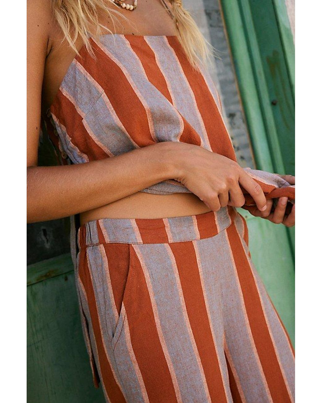 free-est Green Sightseer Linen Striped Pant Set By