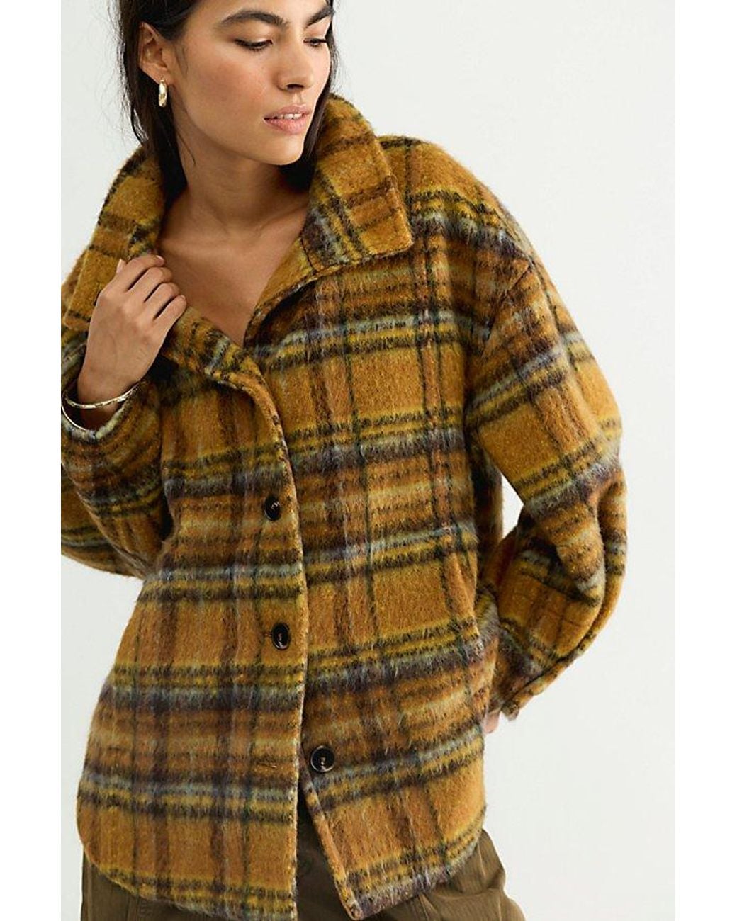 Free People Yellow Beau Plaid Cocoon Coat Jacket