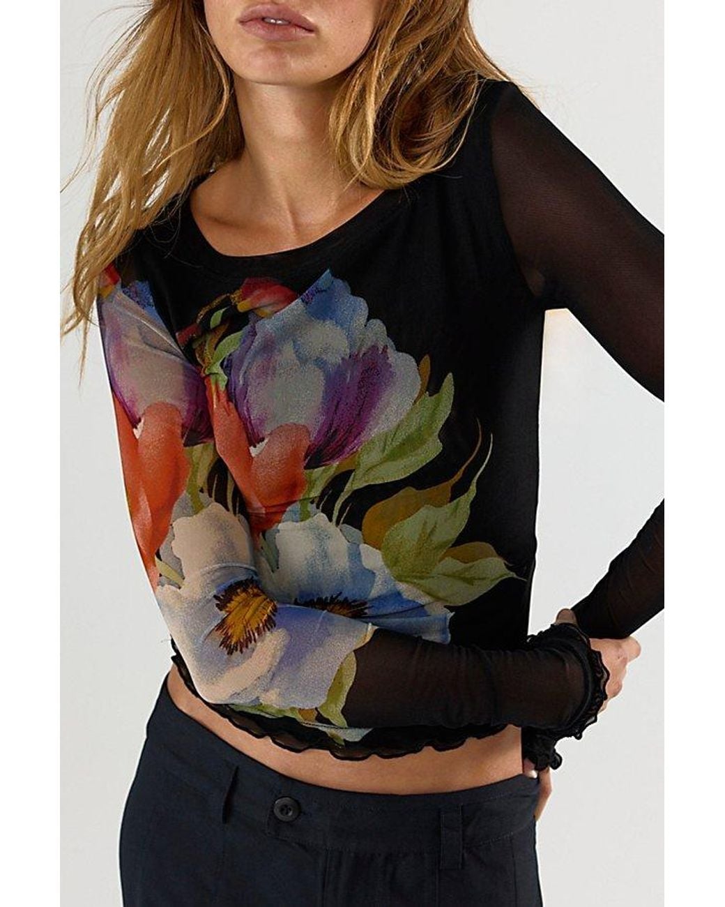 Free People Black Lilly Printed Boat Neck Long Sleeve Top
