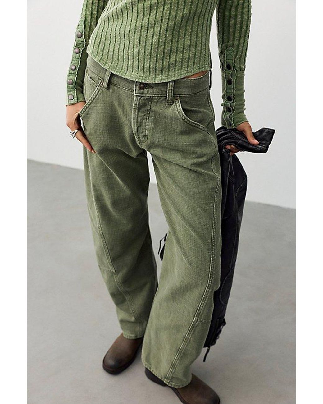 Free People Green We The Free Highland Low-Rise Twisted Bowed Jeans