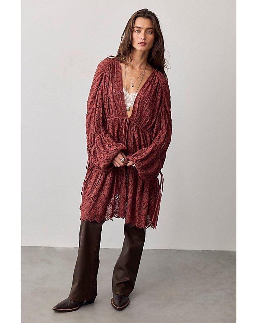Free People Red Juliet Cutwork Duster Jacket