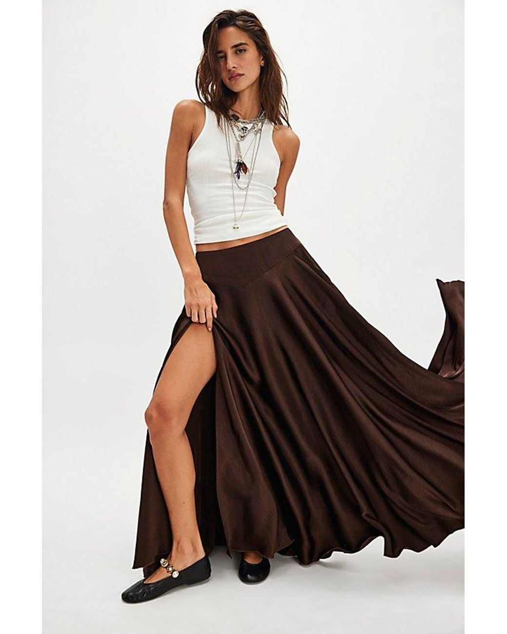 Free People Brown Chilco Mid-Rise Side Slit Maxi Skirt