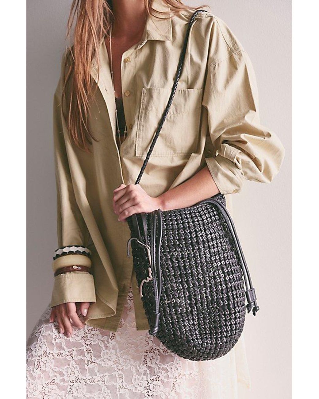 Free People Black Woven Bucket Bag