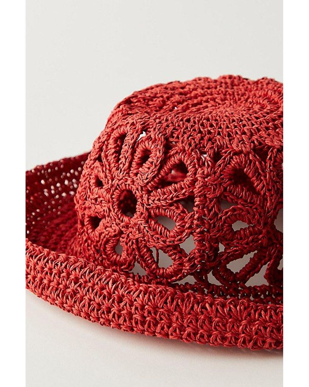 Free People Red Cut-Out Daisy Crochet Straw Bucket Hat