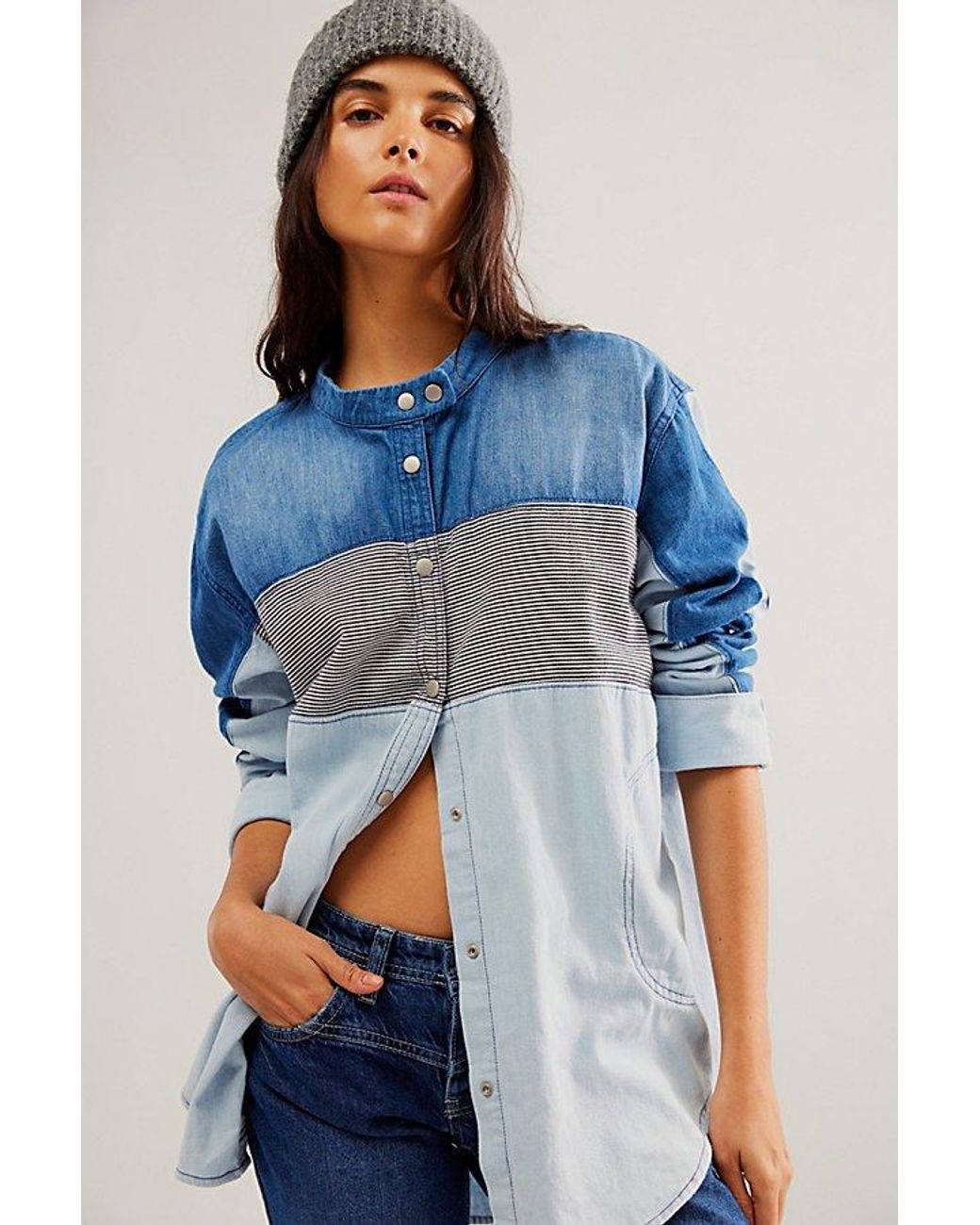 Free People Moto Colorblock Shirt At Free People In Blue Combo, Size: Xs