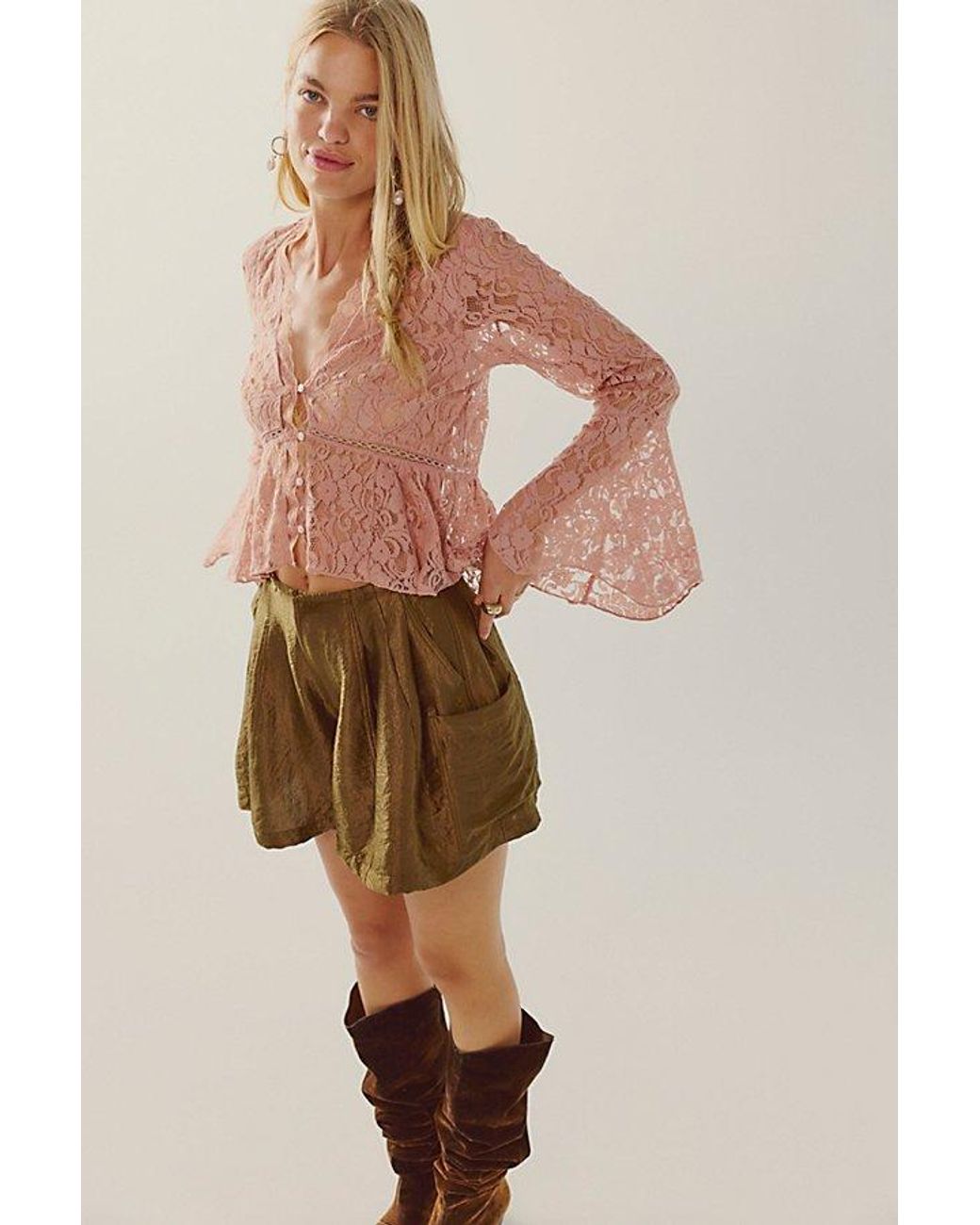Free People Brown Whispering Love Lace Top