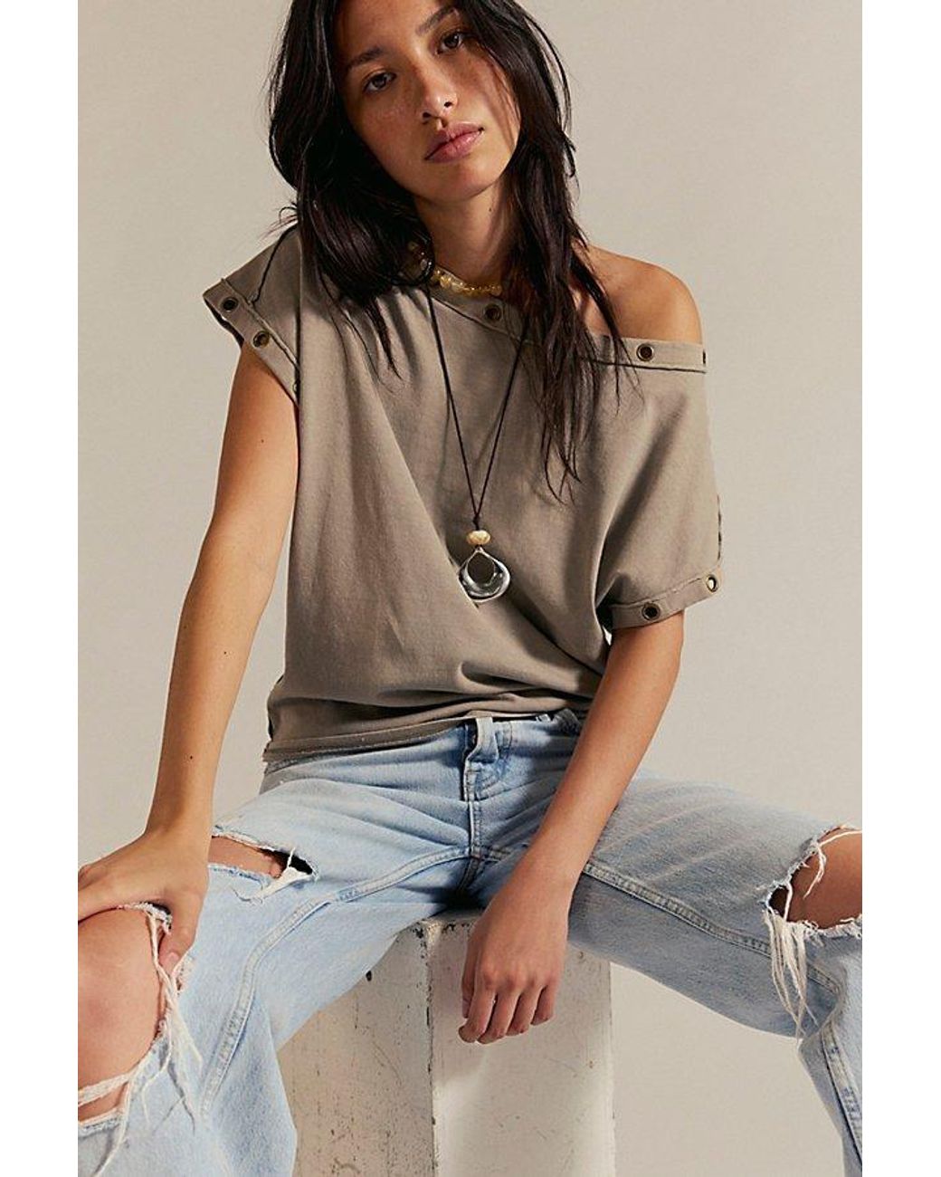 Free People Brown Off-The-Shoulder Billie Tee