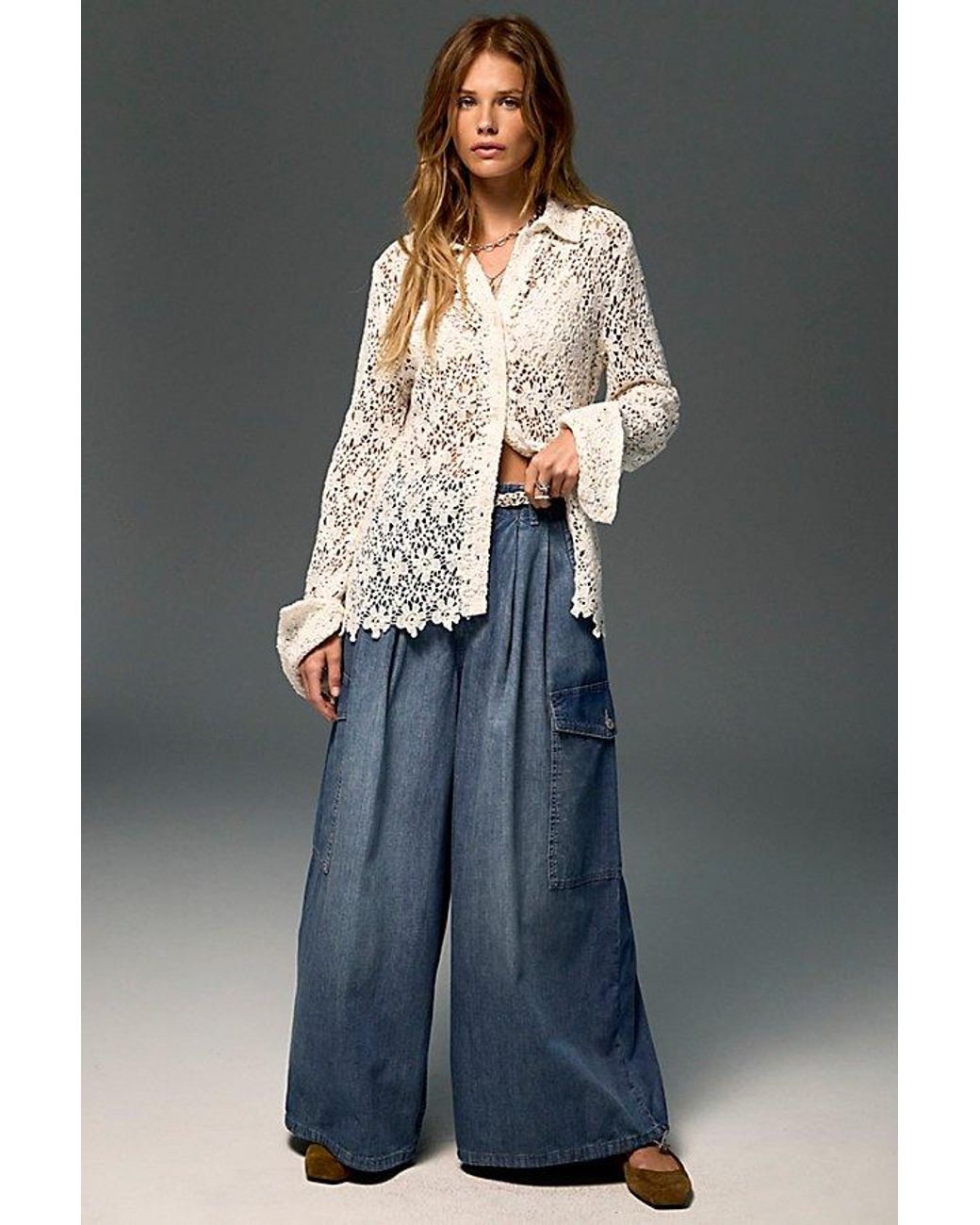 Free People Blue Wild Winds Cinched Wide-Leg Jeans
