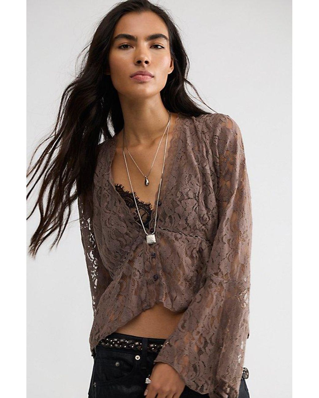 Free People Brown Whispering Love Lace Top