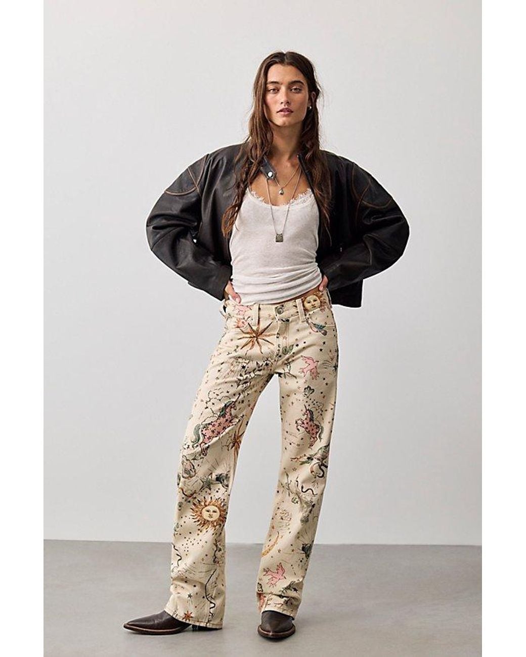 Free People Natural Luna Printed Mid-Rise Straight Jeans