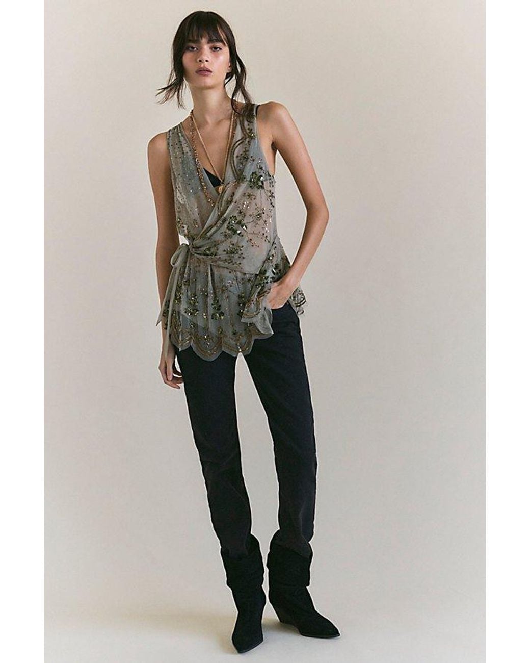 Free People Green Maika Embellished Tank Top