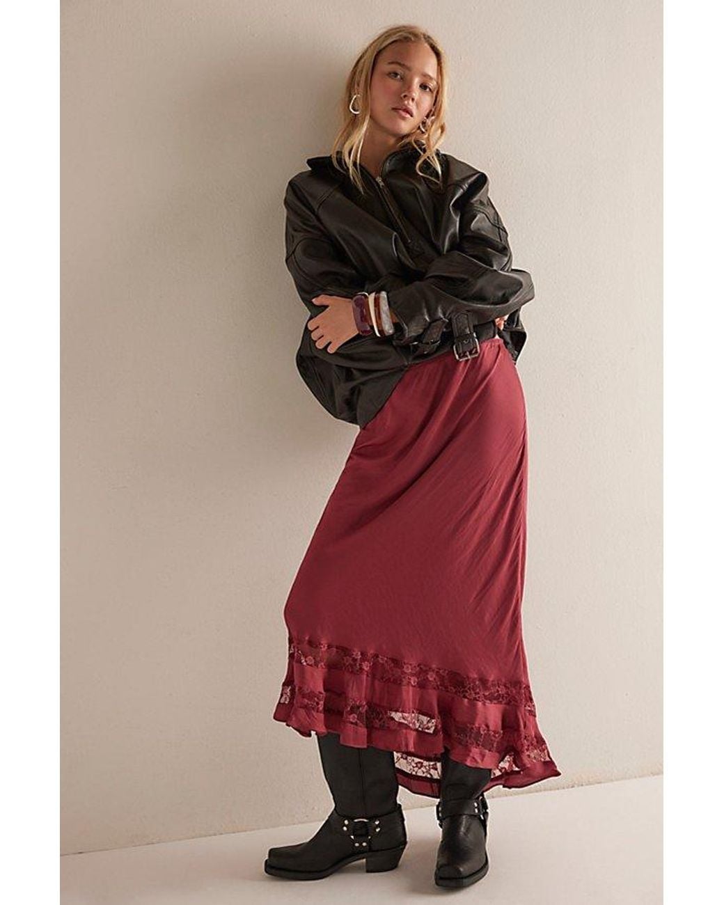 Free People Red Long Lost Lover Maxi Slip Skirt By