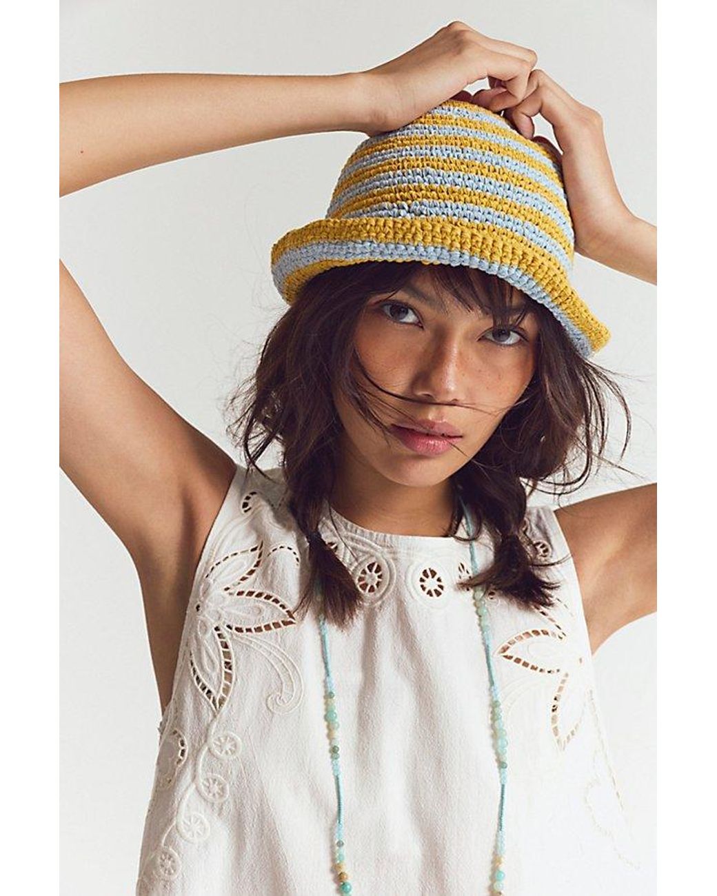 Free People White Striped Crochet Sailor Hat