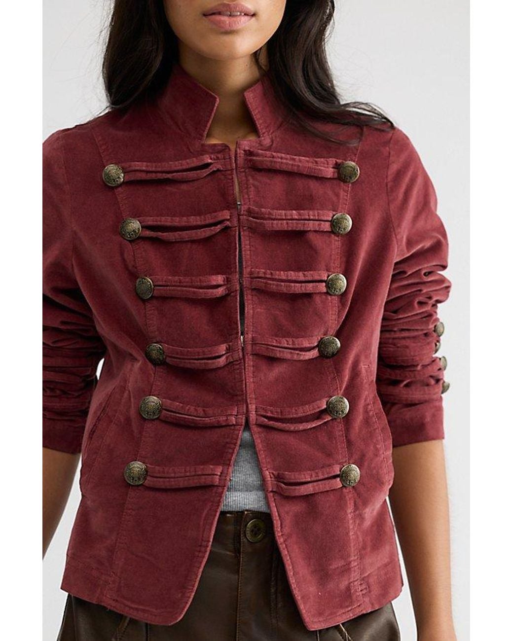 Free People Red Fitted Velvet Military Jacket
