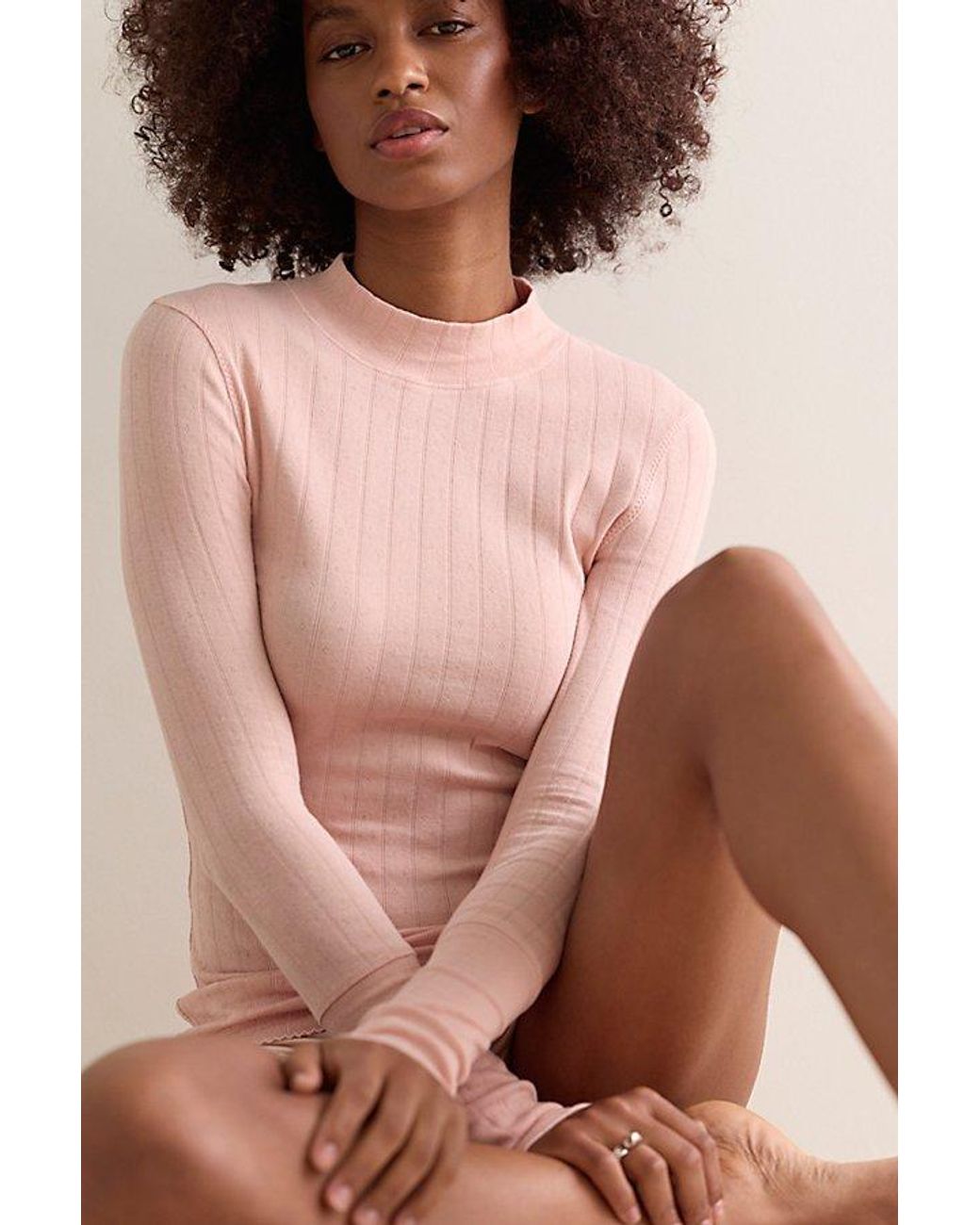 Intimately By Free People Pink End Game Pointelle Mock Neck Long Sleeve By