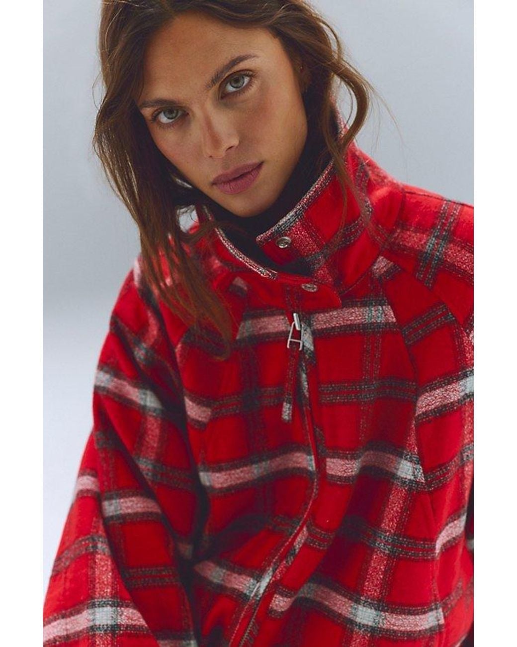 Free People Red Chelsea Plaid Funnel-Neck Oversized Jacket