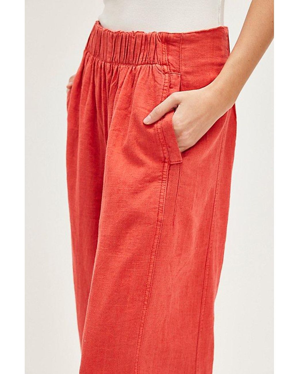 Free People Red Day's End Linen Pull-On Pants