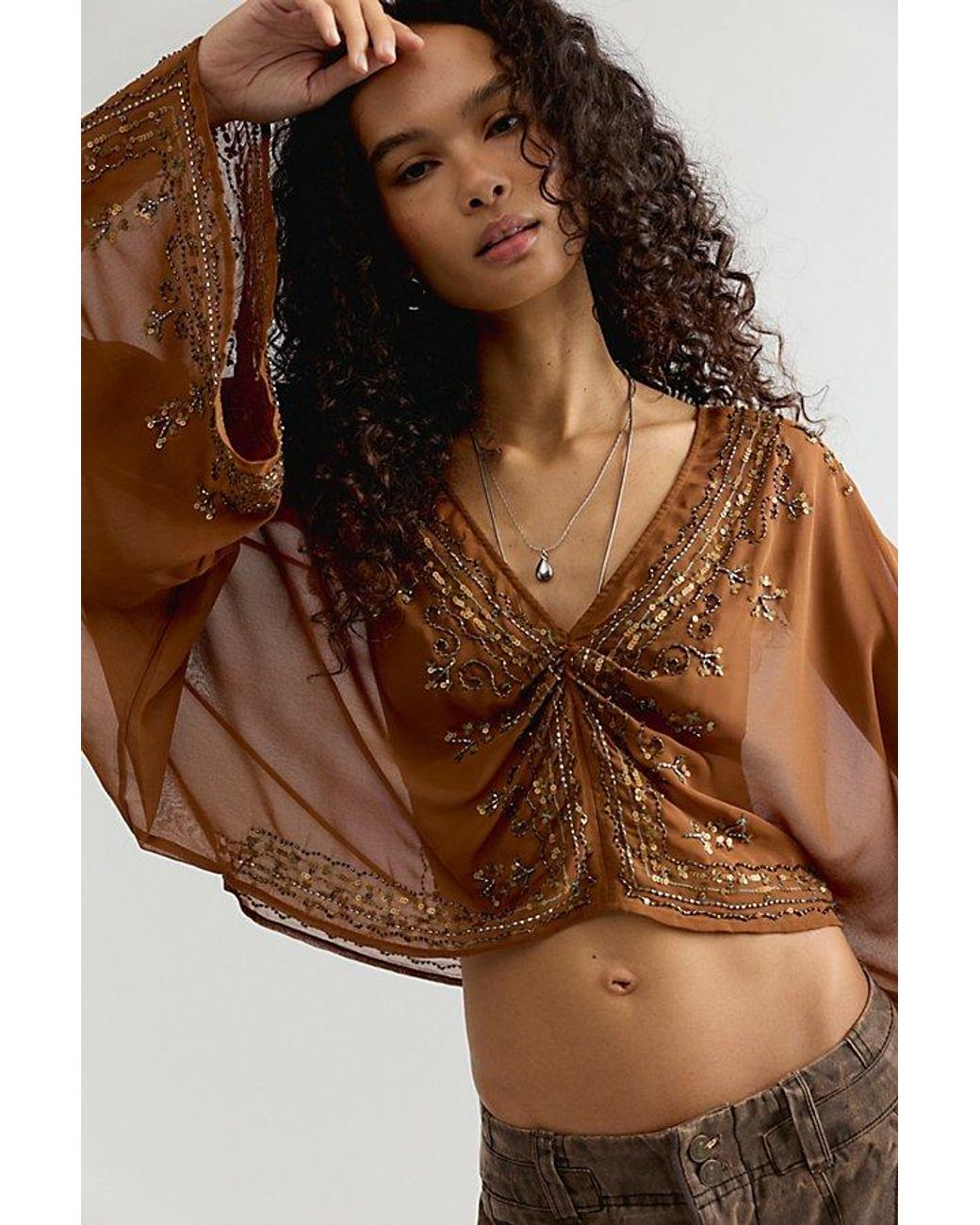 Free People Brown Calla Embellished Cape Top